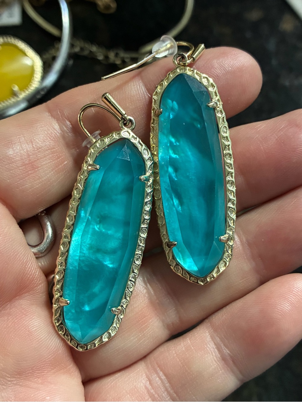 Kendra Scott gold Layla earrings in London blue illusion.